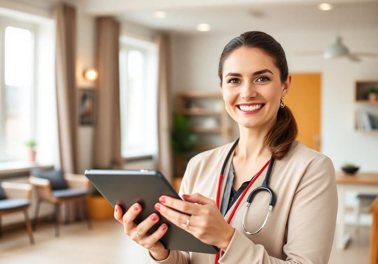 Pflegedienstleitung mit Tablet in modernem Pflegeheim